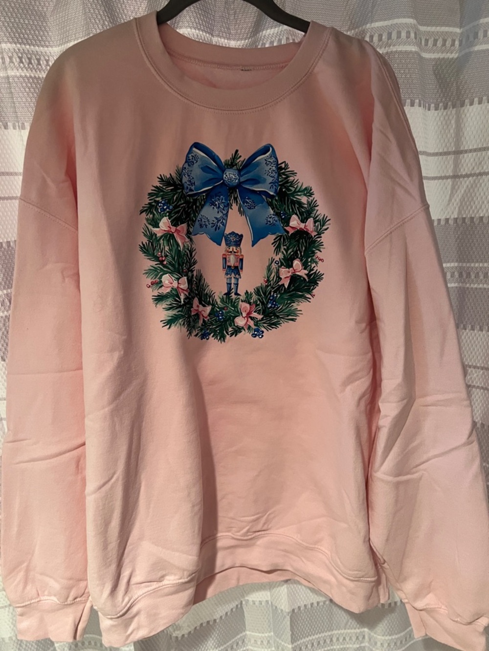 Gildan Pink Sweatshirt with Blue Bow Wreath and Nutcracker